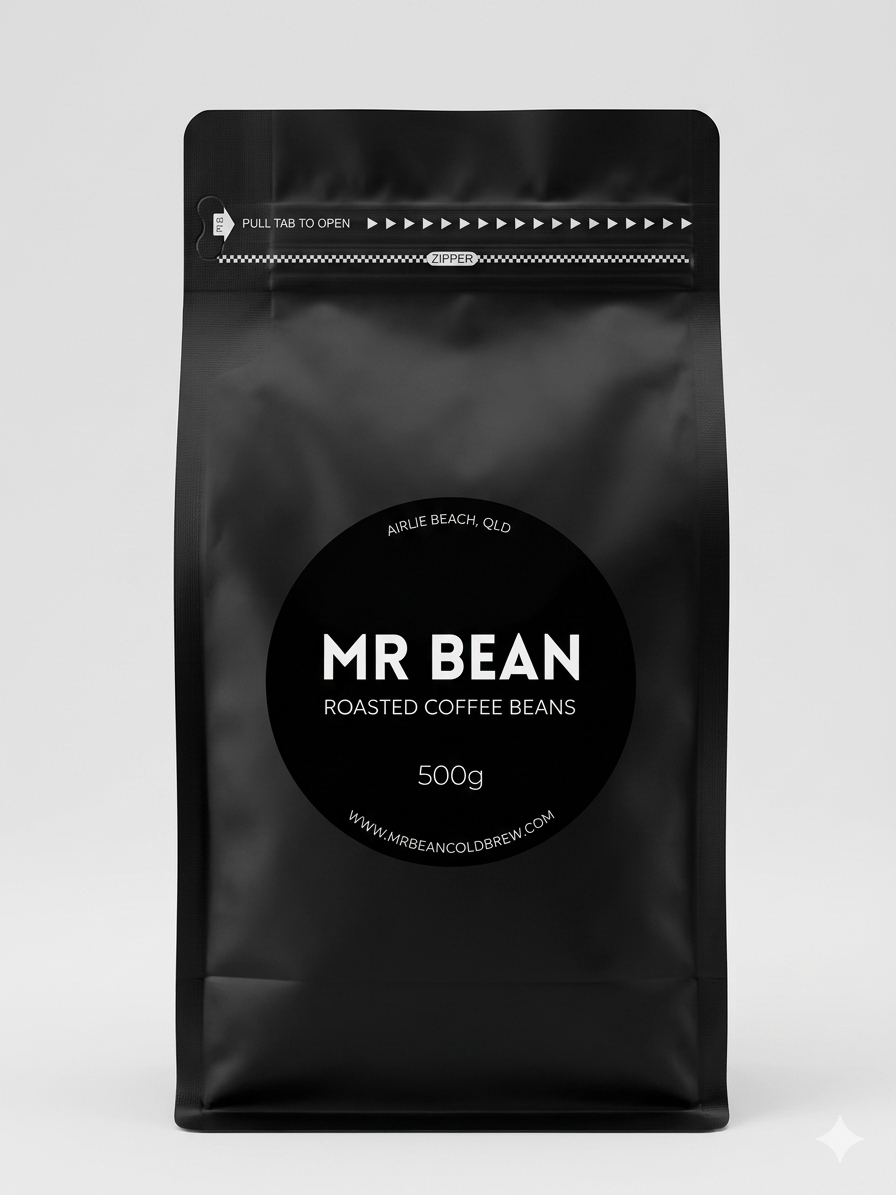 Black coffee bag labeled 'MR BEAN Roasted Coffee Beans' on a light gray background